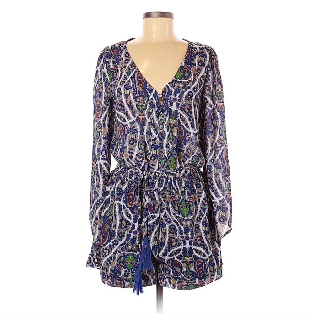 Umgee Paisley Romper Boho Bell Sleeve Tassel Tie Waist Blue Medium